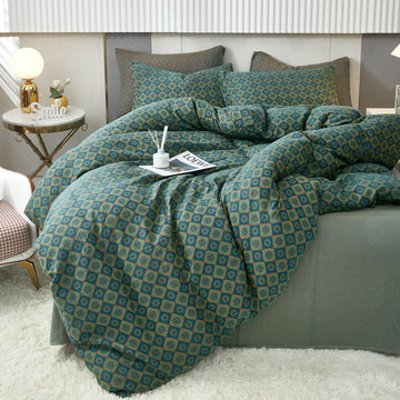Boho Duvet Cover King Geometric Pattern, 3Pcs Yarn-Dyed Muslin Cotton Duvet Cover Set Blue Green Flower Bedding Set