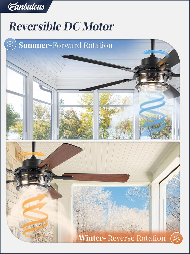 52 Inch Ceiling Fan with Light and Remote,Downrod Mount Farmhouse Ceiling Fan , Quiet 6-Speed Reversible DC Motor