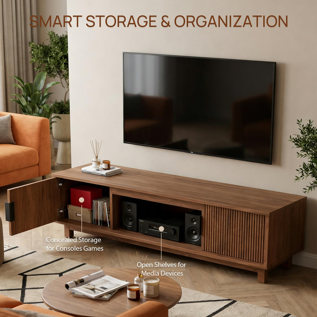 Fluted TV Stand, Mid Century Modern TV Stands, Walnut Entertainment Center for 55/60/65 Inch TV, Media Console with