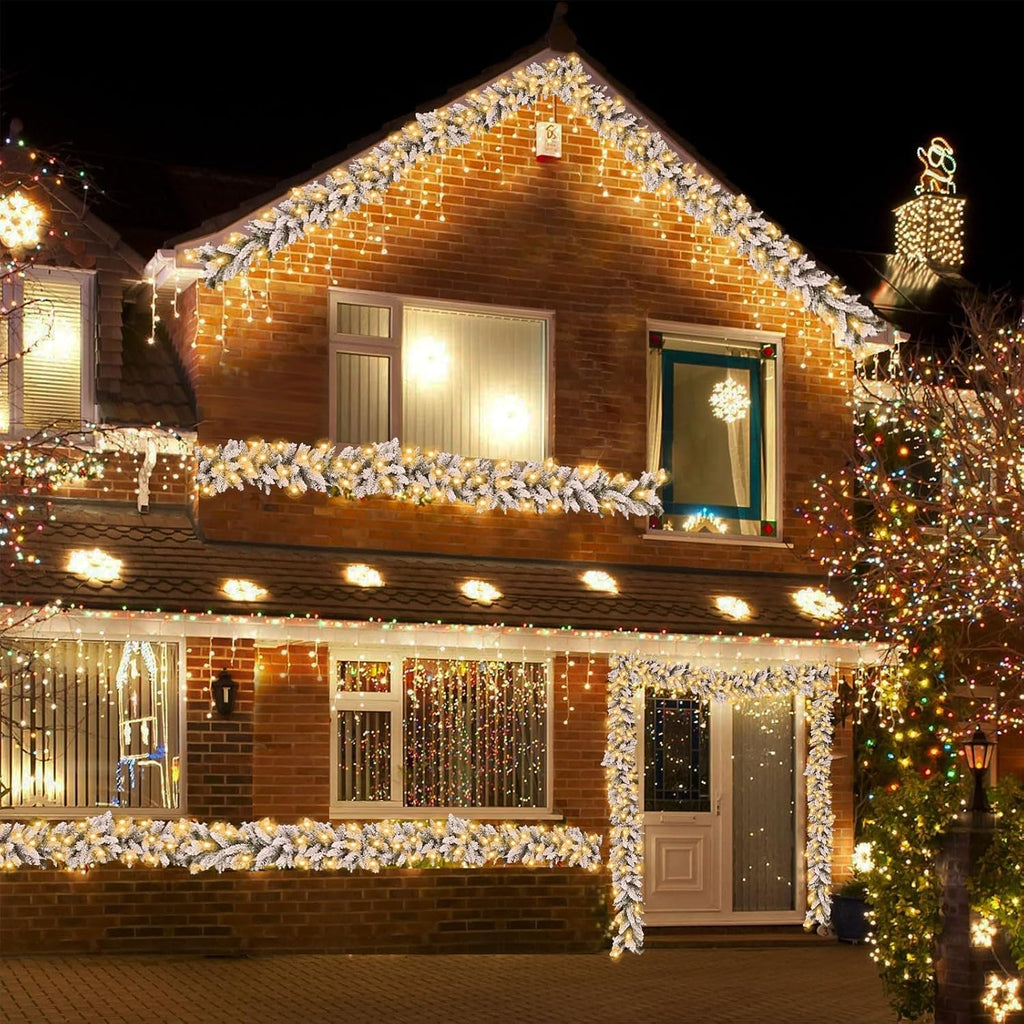 Flocked Christmas Garland with Lights,9FT Pre-Lit White Snow Garlands with 240 PVC Tips,Frosted Garland