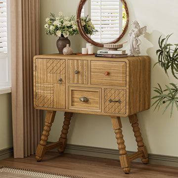 Boho Accent Cabinet with 4 Drawers and Door, Full Assembled Vintage Storage Chest, Hand-Carved Decorative Cabinet