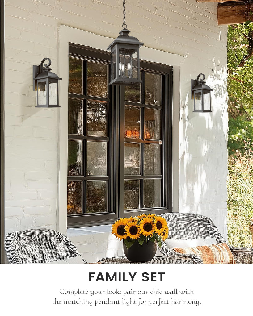 Dusk to Dawn Outdoor Wall Sconce, 15" Matte Black Seeded Glass Outdoor Sconce Lights, Front Porch Light Fixtures Wall