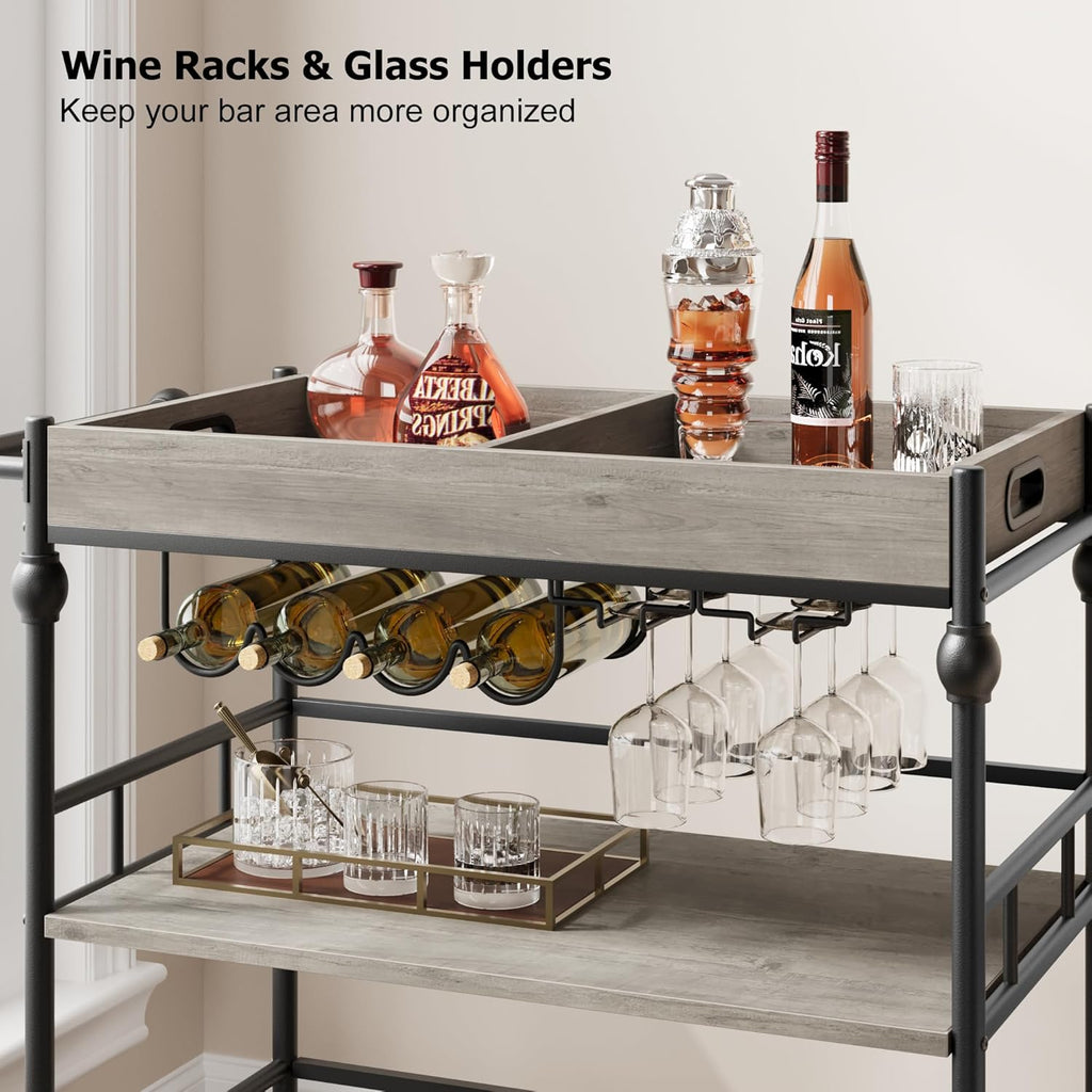 Bar Cart, Bar Carts for The Home, 3 Tier Serving Cart with Wheels, Home Bar & Serving Carts, Metal Rolling Cart with