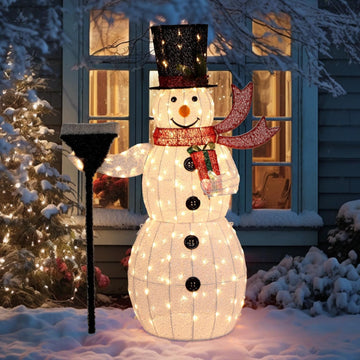 5FT Outdoor Snowman Christmas Decorations, Lighted Outdoor Snowman w/200 LED Lights, Tall Hat, Red Scarf, Zip Ties