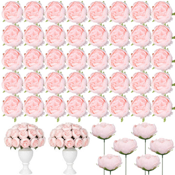 50 Pcs Artificial Peony Flower Heads 3.5 Inch with Stem, Pink