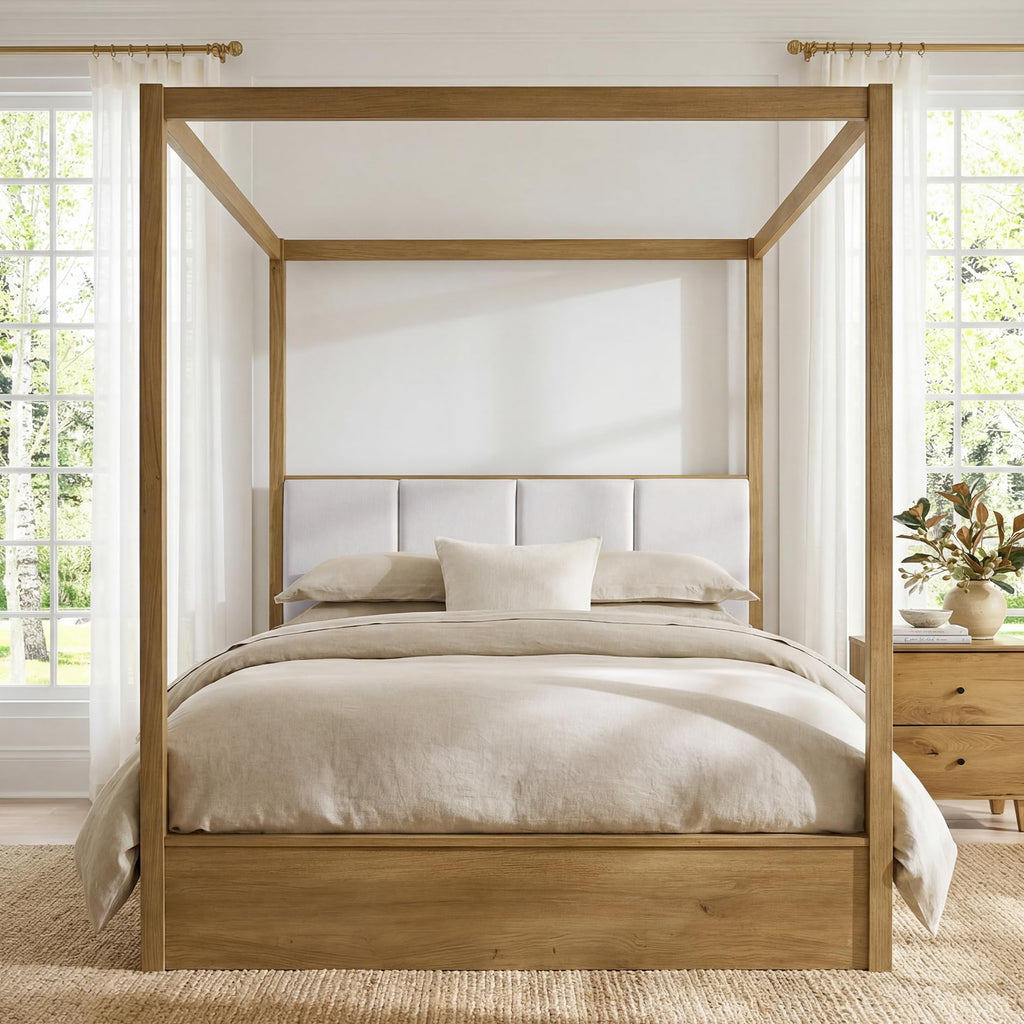 Wood Canopy Bed Frame Queen, Oak Bed w/Solid Wood Posters