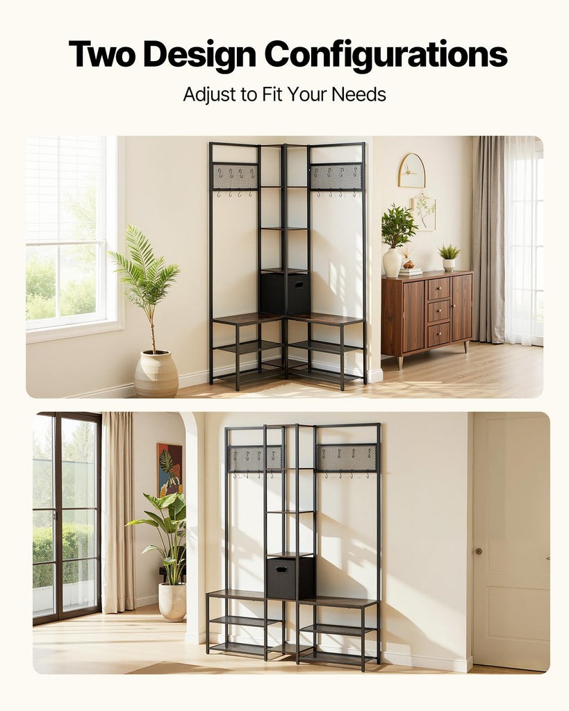 Corner Hall Tree with Shoe Bench, 70.9 in Coat Rack with Hooks and Steel Frame, Freestanding Clothes Shoes Rack