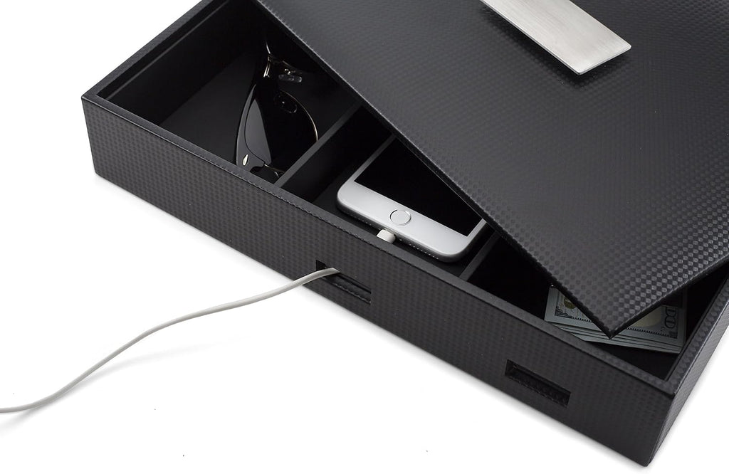 Mens Valet Tray/Dresser Organizer & Lid - 6 Slot Luxury Jewelry Accessories Box, Carbon Fiber Design & Metal Buckle