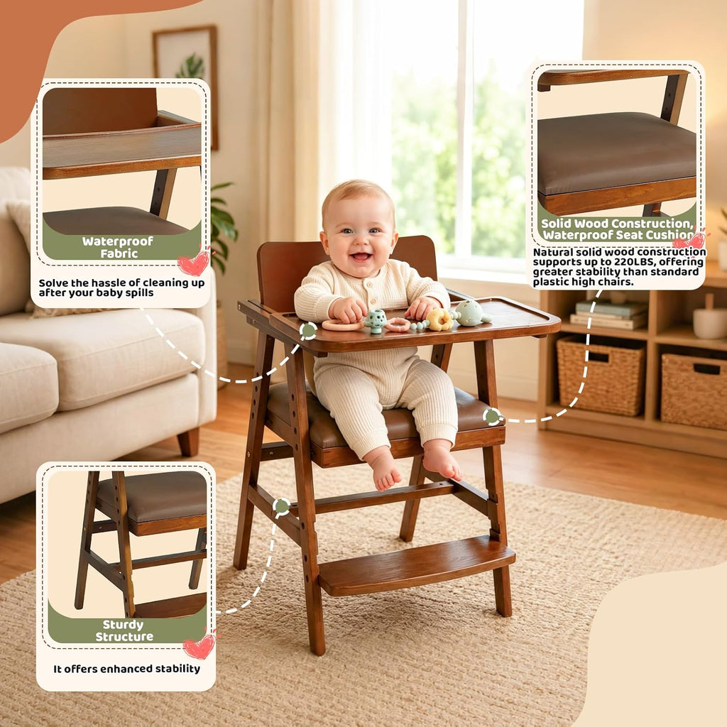 3-in-1 Wooden High Chair with Steps & Adjustable Tray for Baby Toddler | Ergonomic Design, Built-in Foot Steps, Easy