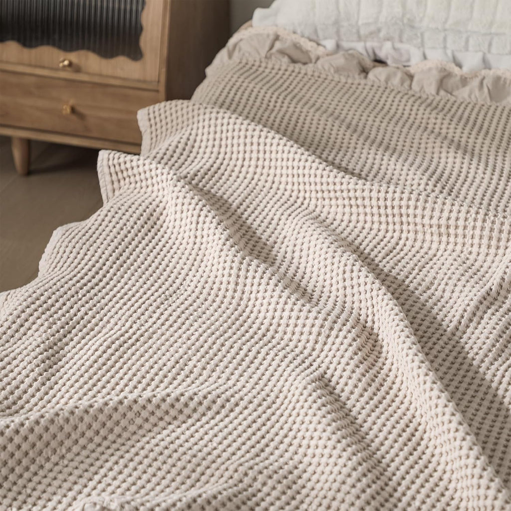 Waffle Weave Blanket 43" x 63" 100% Cotton Neutral Boho Farmhouse Woven Knitted Beige Throw with Ruffles Warm Soft