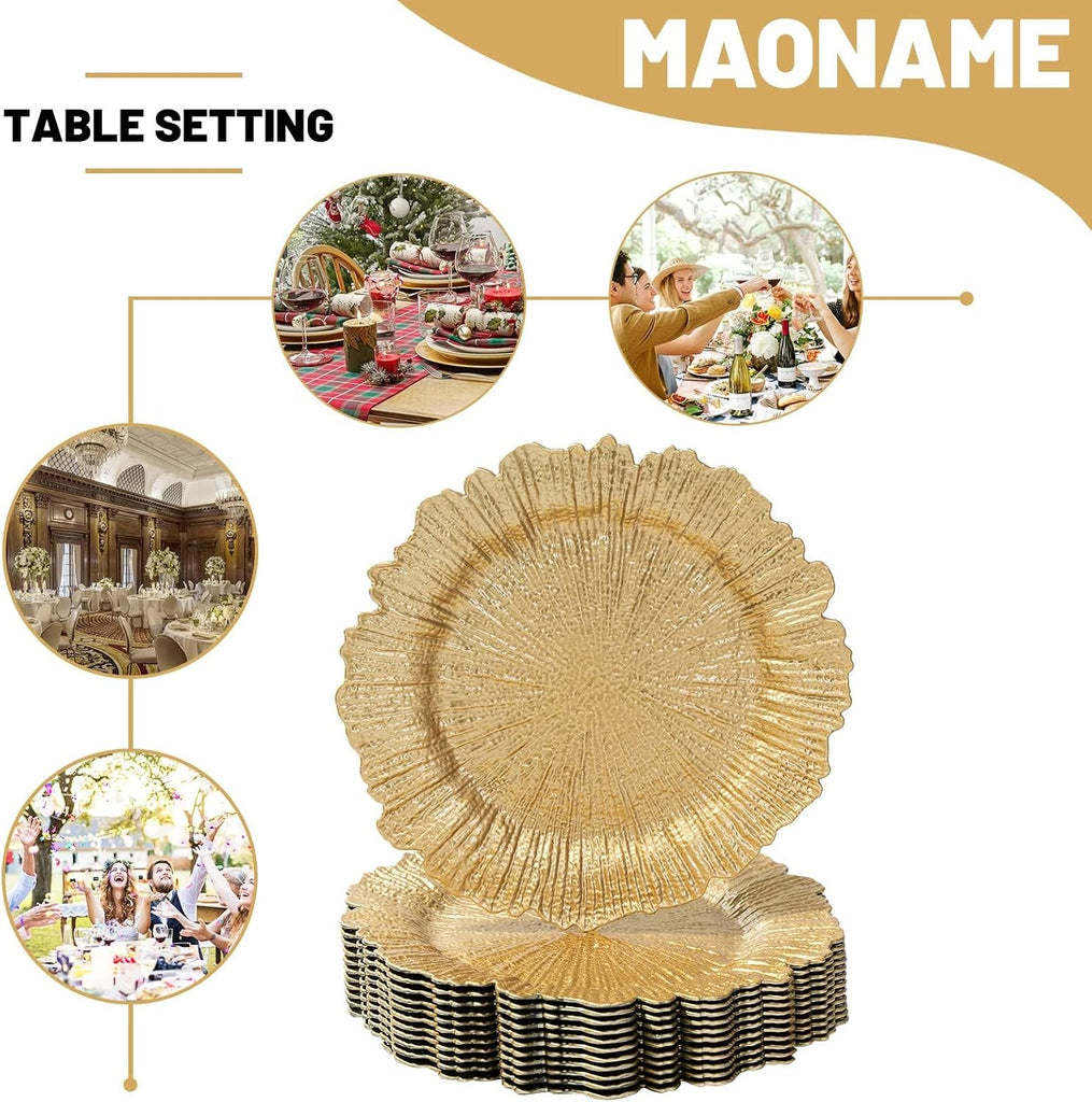 Gold Charger Plates, Reef Plate Chargers for Dinner Plate, Round Plastic Table Chargers for Thanksgiving - Set of 12