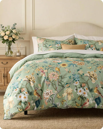 Floral Duvet Cover King - 100% Cotton Reversible Flowers and Birds Pattern Duvet Cover Set, 3 Pieces Soft &