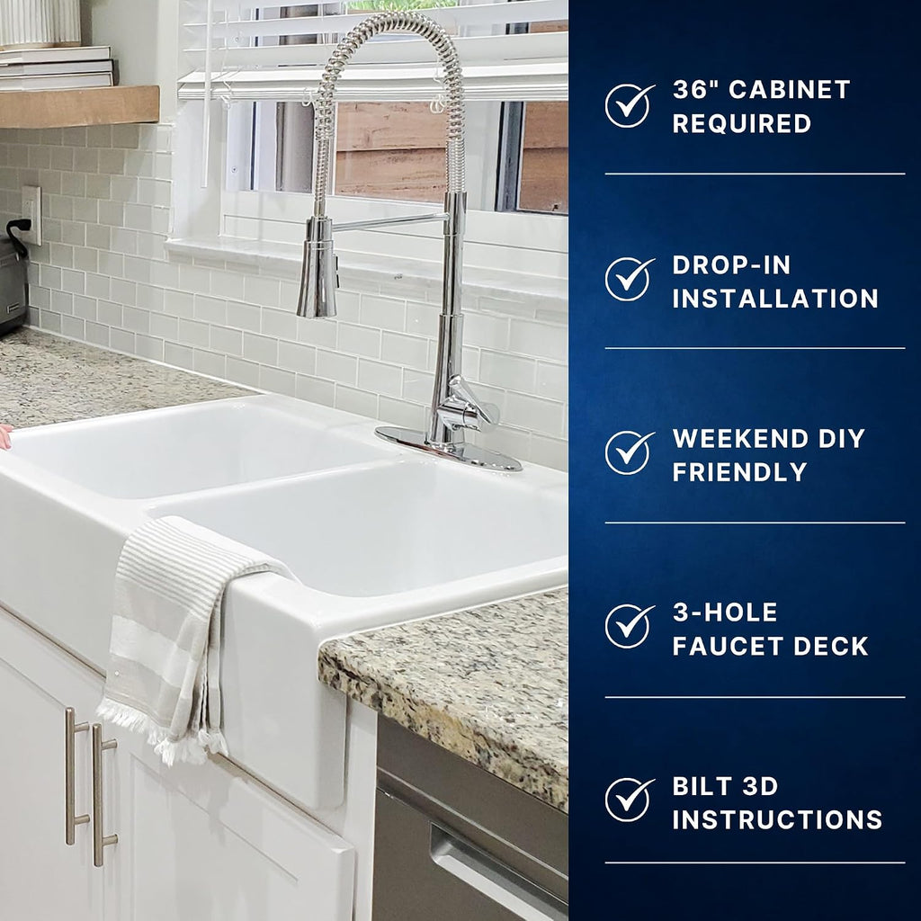 Parker 34 in White Fireclay Farmhouse Sink, Double Bowl | Quick-Fit drop-in apron front, no countertop removal