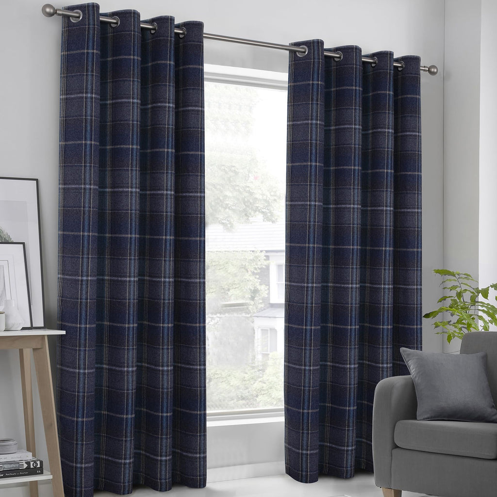 100% Blackout Woolen Look Plaid Curtains Modern Window Panels Navy Blue Checkered Tartan Curtains Bedroom 2 Panels
