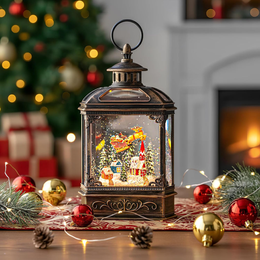 Christmas Snow Globe Lighted Church & Flying Santa Scene, Musical Snow Water Lantern Swirling Glittering Home
