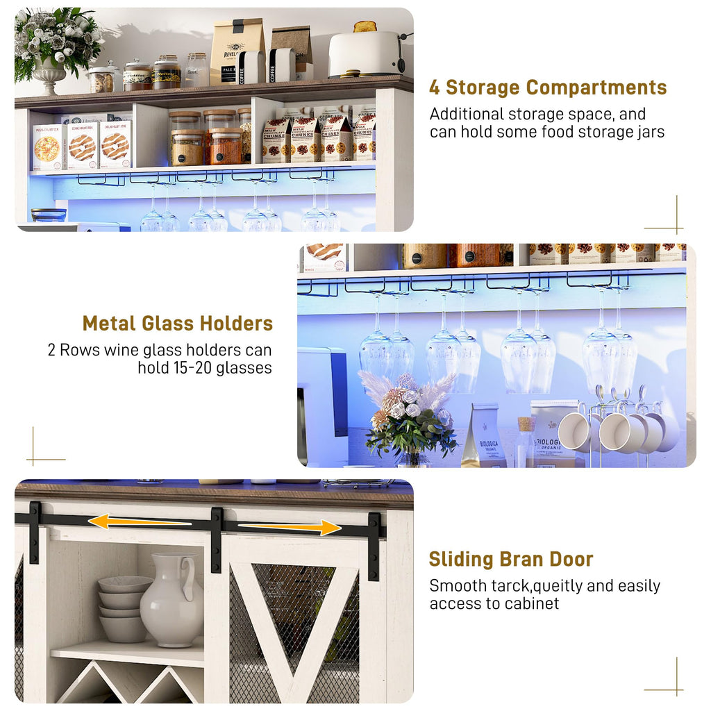 47" Wide 56" H Farmhouse Coffee Bar Cabinet with Power Outlet and LED Light, Wine Bar Cabinet w/3 Storage Hutch(White)