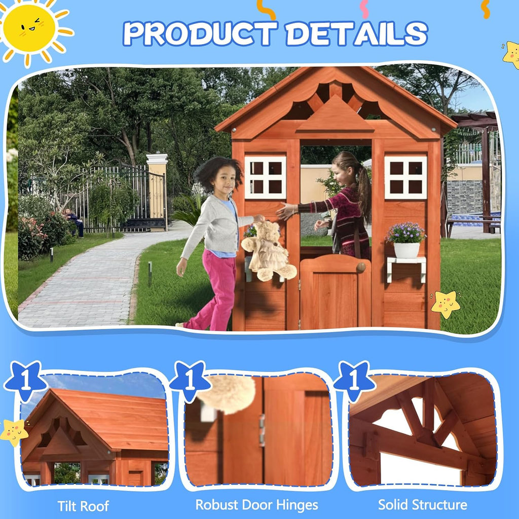 Wooden Kids Playhouse, Solid Firwood Outdoor Playhouse with 2 Windows, Flowerpot Holder & Snack Window for Backyard