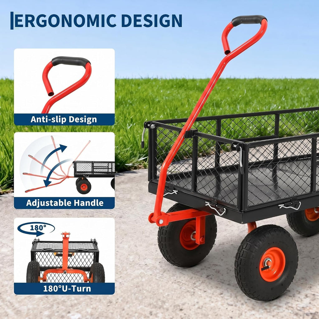 900 LB Garden Cart, Heavy Duty Metal Utility Garden Wagon Cart. Red | 13 in All Terrain Tires, 4-in-1 Yard Wagon Cart