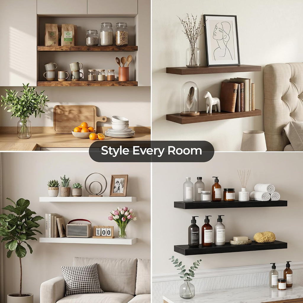 30" Floating Shelves for Wall, Set of 3, 8" Deep, 1.5" Thick, Oak Finish | Rustic Wood Wall Shelves with Invisible