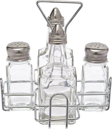 Glass Salt and Pepper Shaker Set with Holder and Oil and Vinegar Cruets, Stainless Steel Gold Plated Top - Set of 4