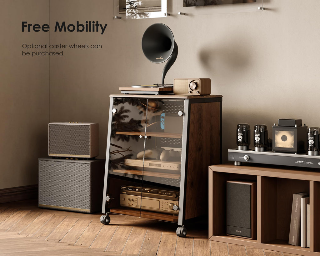 4-Tier Media Stand with Brown Glass Doors & Wooden Shelf, Walnut