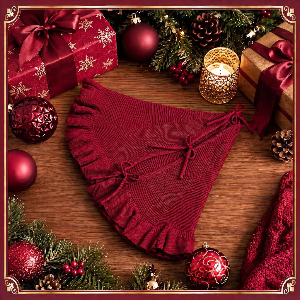 Burgundy Knit Christmas Tree Skirt with Ruffle, 48 Inch