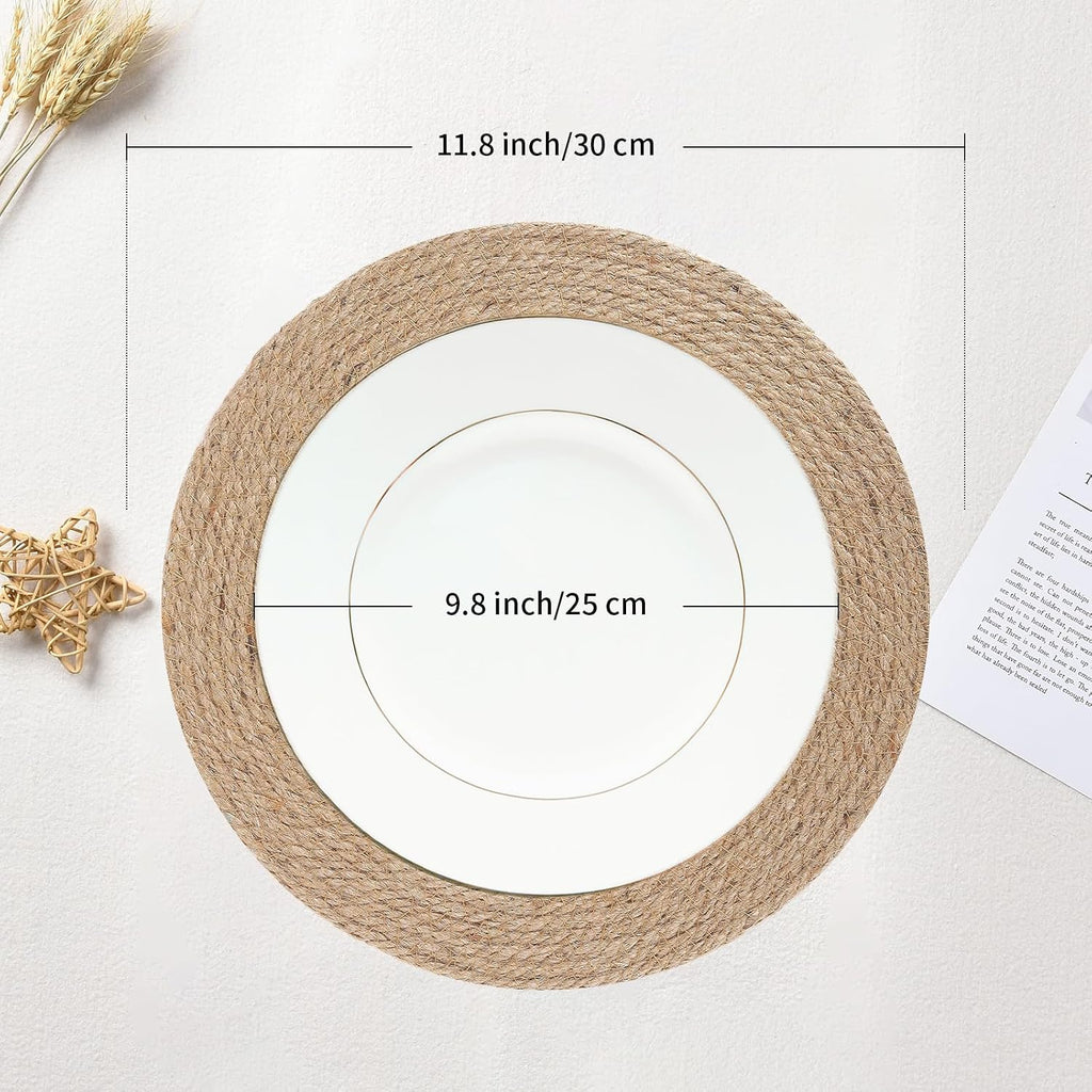 11.8 Inch Round Jute Placemats - Boho Rustic Woven Table Mats, Heat Resistant & Easy to Clean, Handwoven - Set of 6
