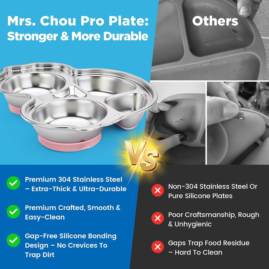 Stainles Steel Baby Suction Plate, Car Divided Toddler Plate Pink