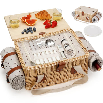 Picnic Basket for 2, Handmade Wicker Picnic Set with Folding Table and Waterproof Blanket, Large Insulated Picnic