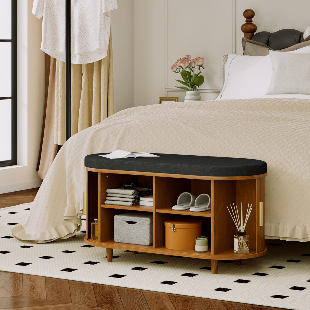 2-Tier Storage Bench, Wide Shoe Bench with Thickened Padded Seat Cushion, Mid Century Modern Fluted Sliding Door and