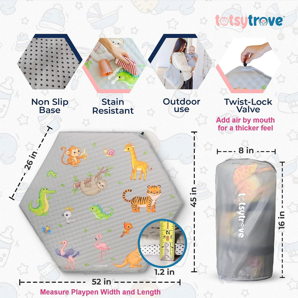 Self Inflating Hexagon Playpen Mat 52" x 45" for Infants and Toddlers - Baby Crawling Mat - Safari