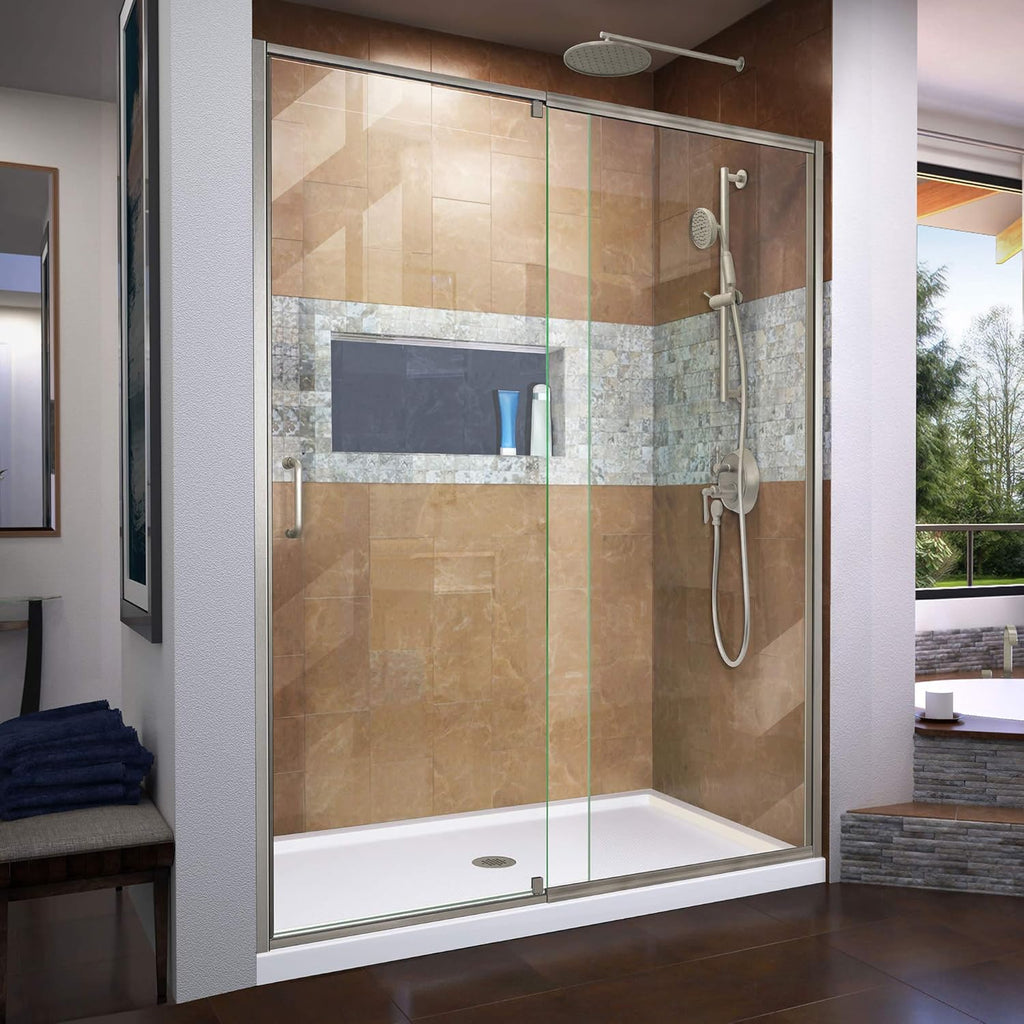 Flex 56-60 in. W x 72 in. H Semi-Frameless Pivot Shower Door in Brushed Nickel, SHDR-2260720-04