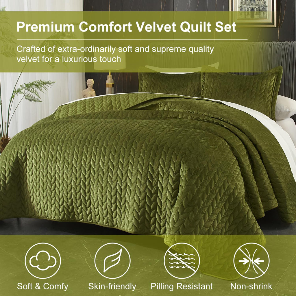 Velvet Quilt, Green Lightweight Bedspread Soft Reversible Coverlet for All Season 3Pcs Luxury Velvet