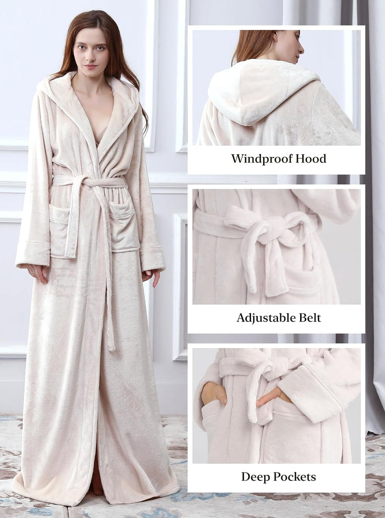 Women Hood Plush Robes: Full Long Fluffy Fleece Warm Bathrobes | Soft Hooded Floor Length Bath Robes With Belt And