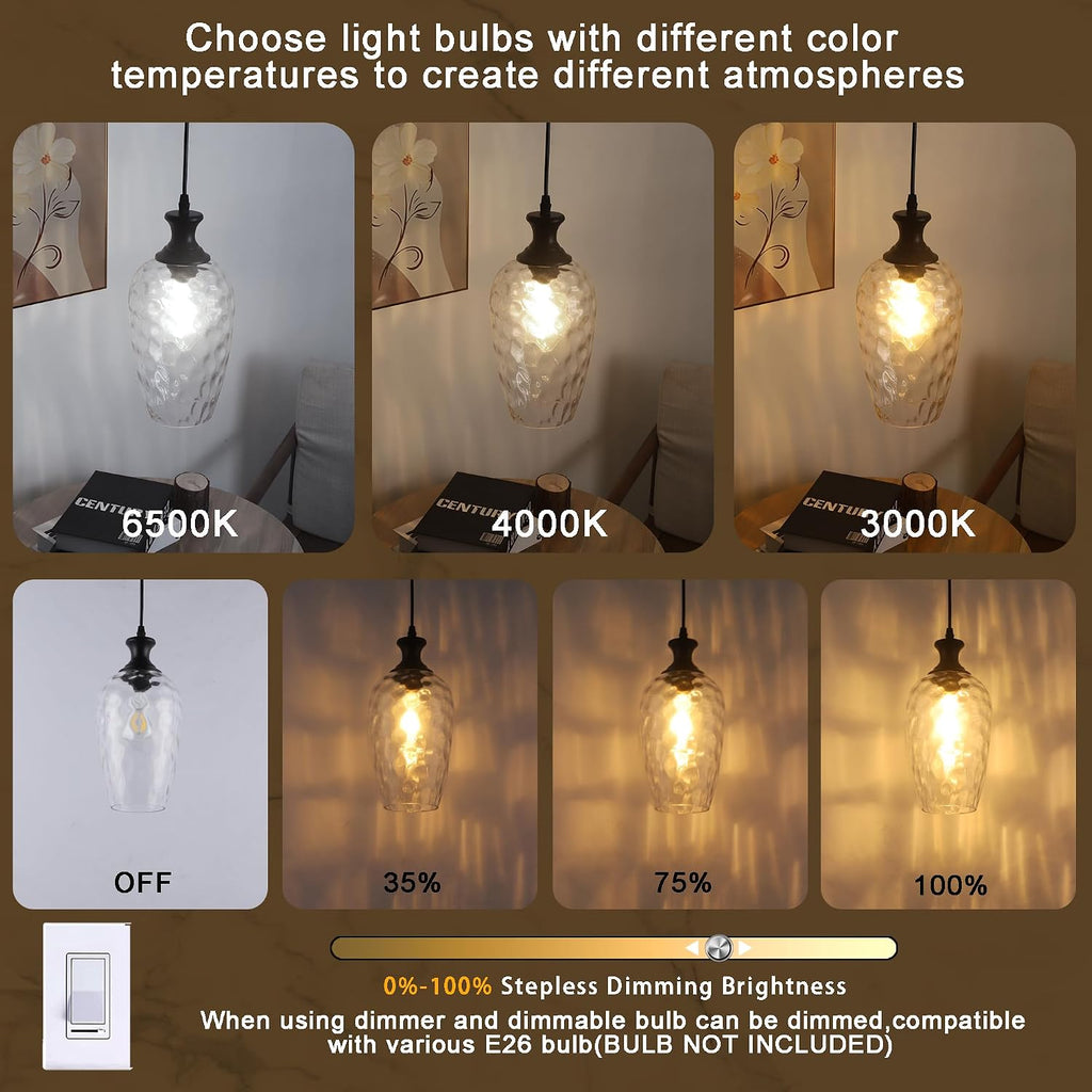Glass Pendant Lights Kitchen Island, 1-Light Black Pendant Light Fixtures with Hand-Blown Clear Glass, Farmhouse