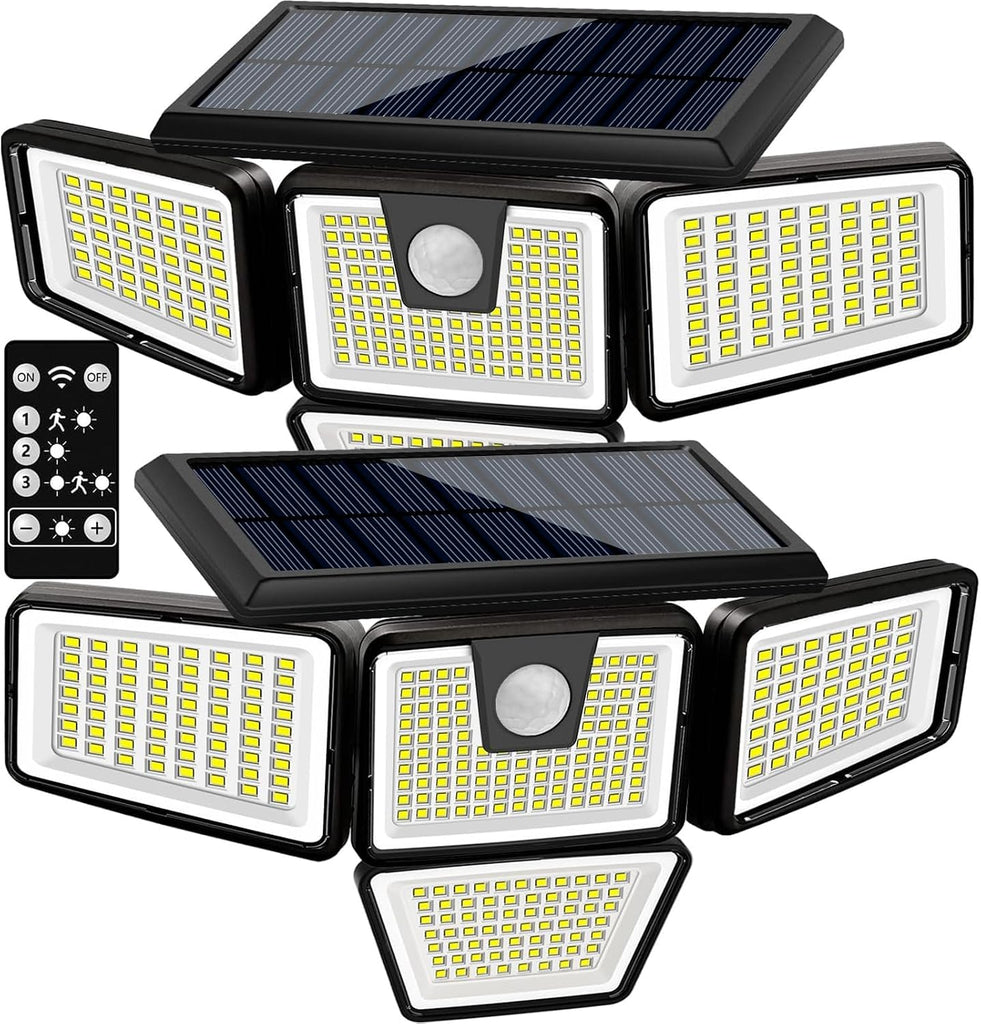 Solar Lights Outdoor, 2 Pack 300 LED High Brightness Cordless Solar Motion Sensor Lights; 4 Adjustable Heads,320°
