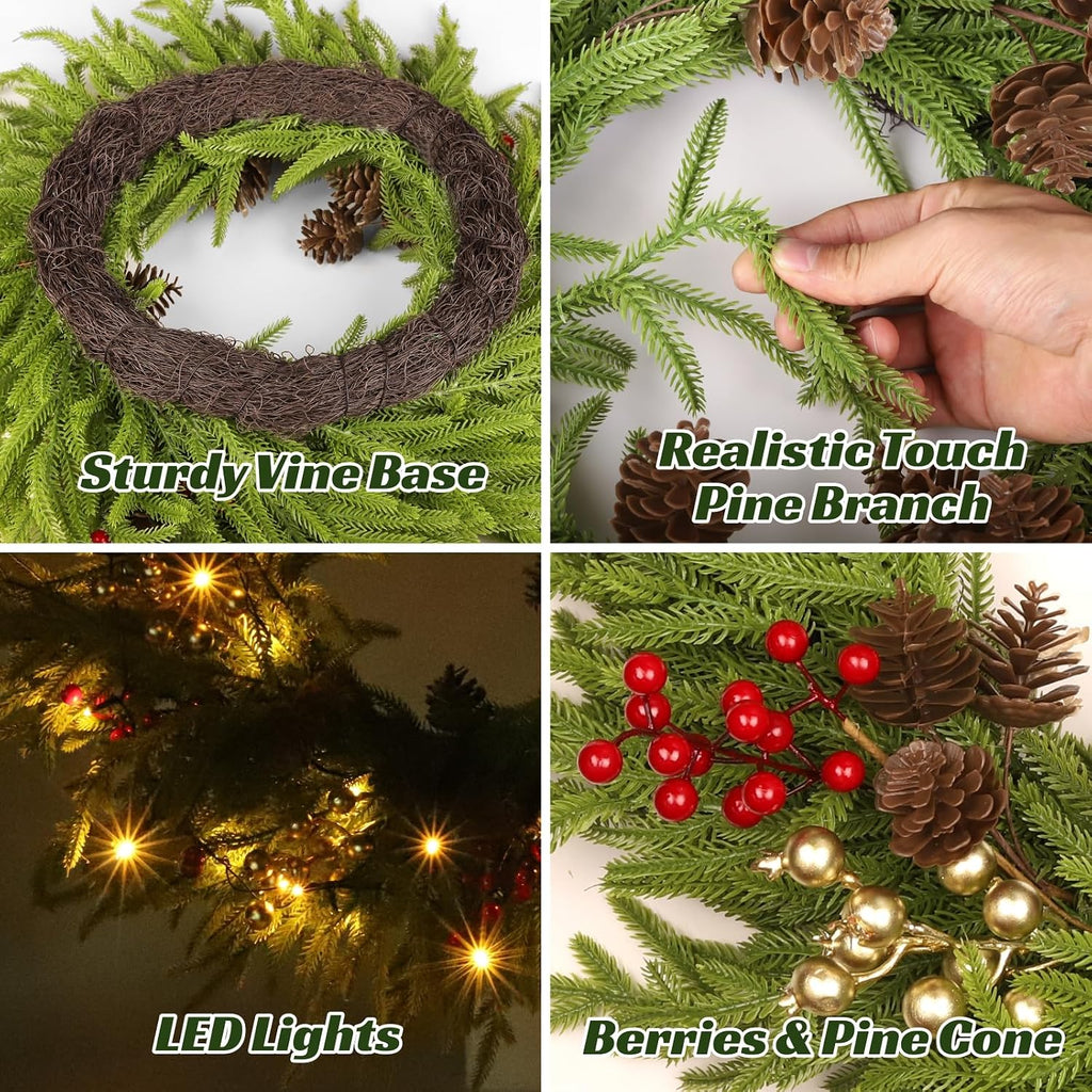 26" Norfolk Pine Wreath, Large Greenery Wreath for Front Door, Green Year Round Real Touch Artificial Greenery Wreath