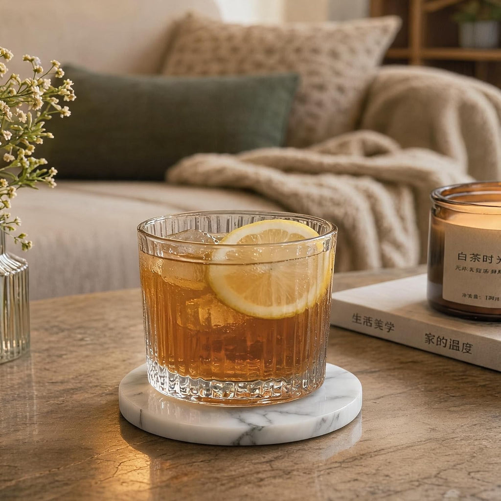 Natural White Marble Coasters 4-Piece Set, Round Coasters, 4 Inches Coffee Table Stone Coasters, Suitable for Coffee