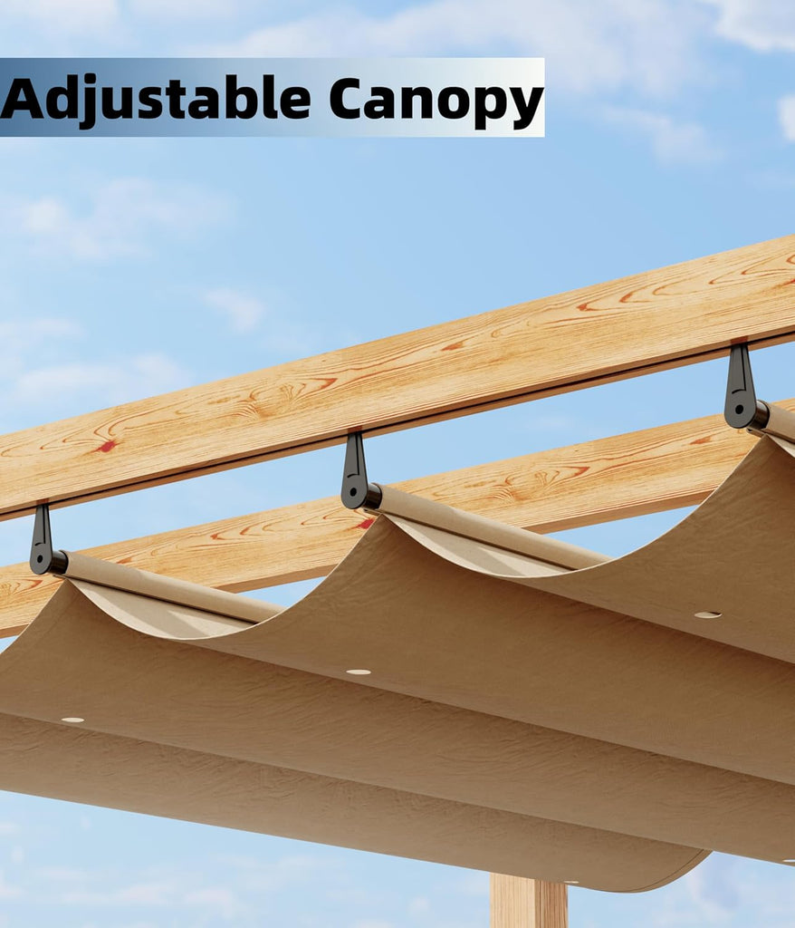 10 x 13 ft Wood-Grain Aluminum Pergola Outdoor Pergola with Retractable Canopy Sun Shade Shelter for Garden