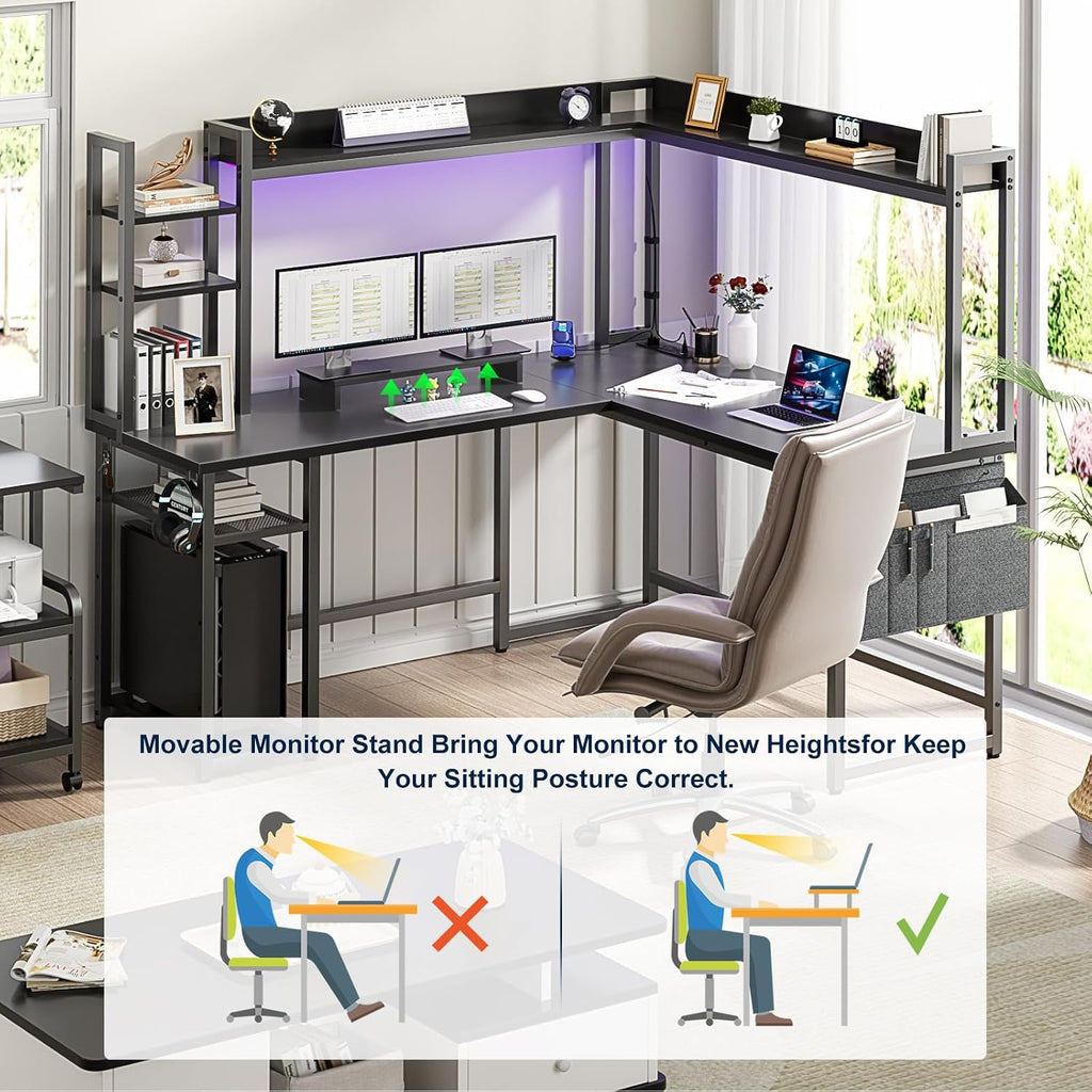 L Shaped Desk Gaming Desk with Power Outlet & LED Light & Monitor | Black 57" Reversible Home Office Desk, Corner