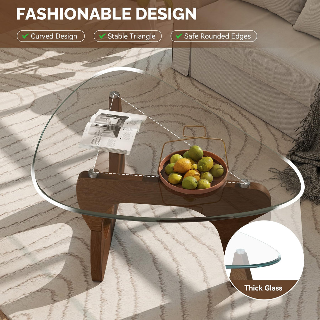 Inspired Noguchi Style Modern Glass Coffee Table, Triangle Center Table with Tempered Glass Top& Unique Wooden Base, 42.5" Mid Century Tea