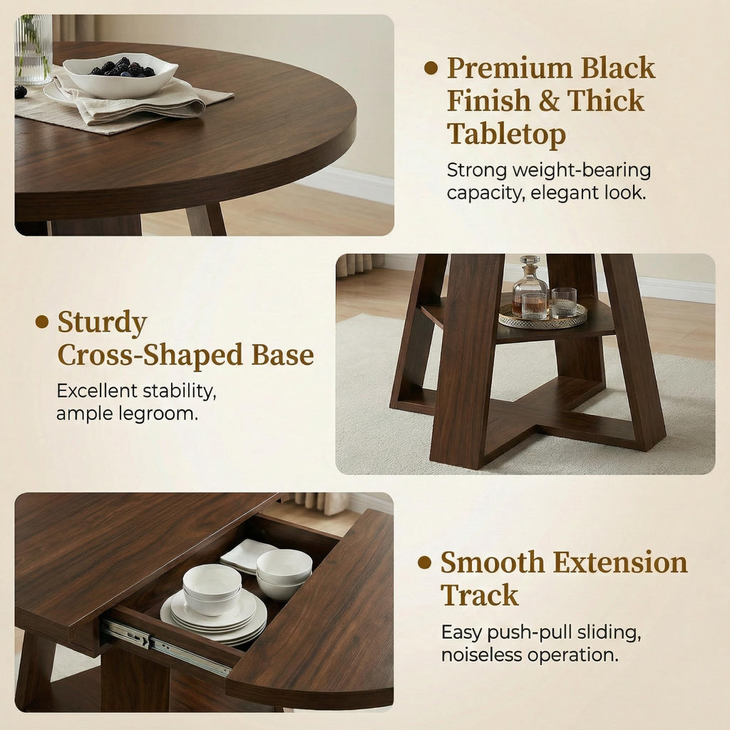 Extendable Round Dining Table for 4-6, 43.3"-59" Round to Oval Kitchen Table with Storage Shelf, Mid-Century Modern &