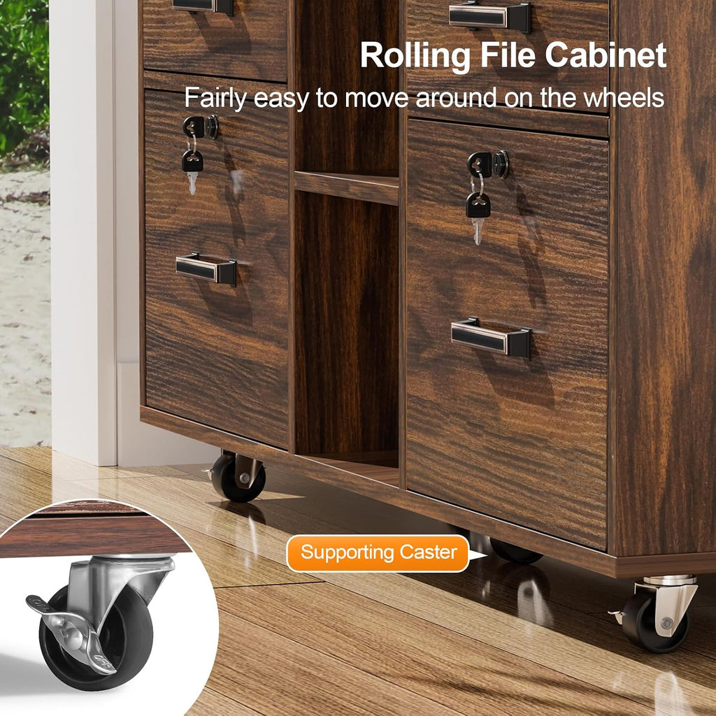 Dark Brown Wood Lateral File Cabinet with Lock, 4 Drawer & 4 Open Shelves, Rolling File Cabinet , Letter Sized
