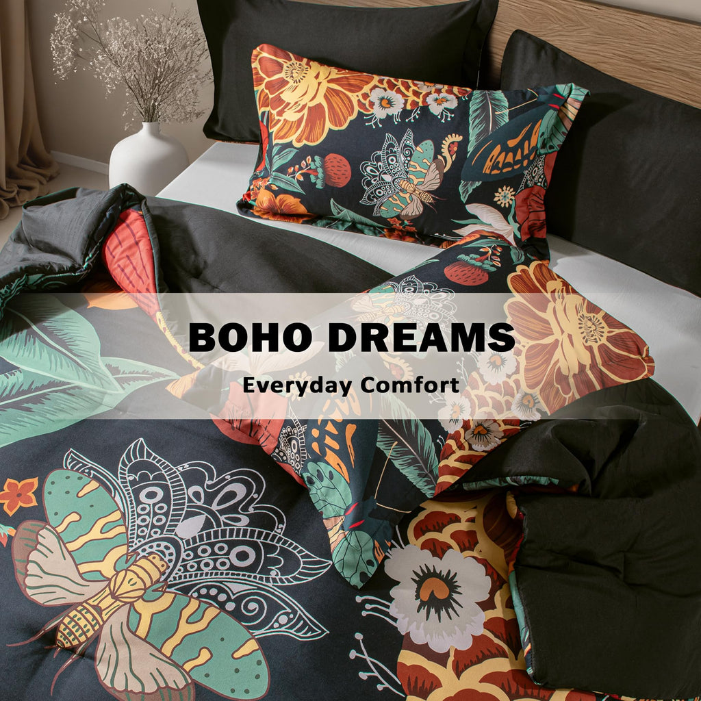 Black Boho Floral Comforter Set - 3 Piece Vintage Botanical Bedding Comforter Sets for All Season Soft