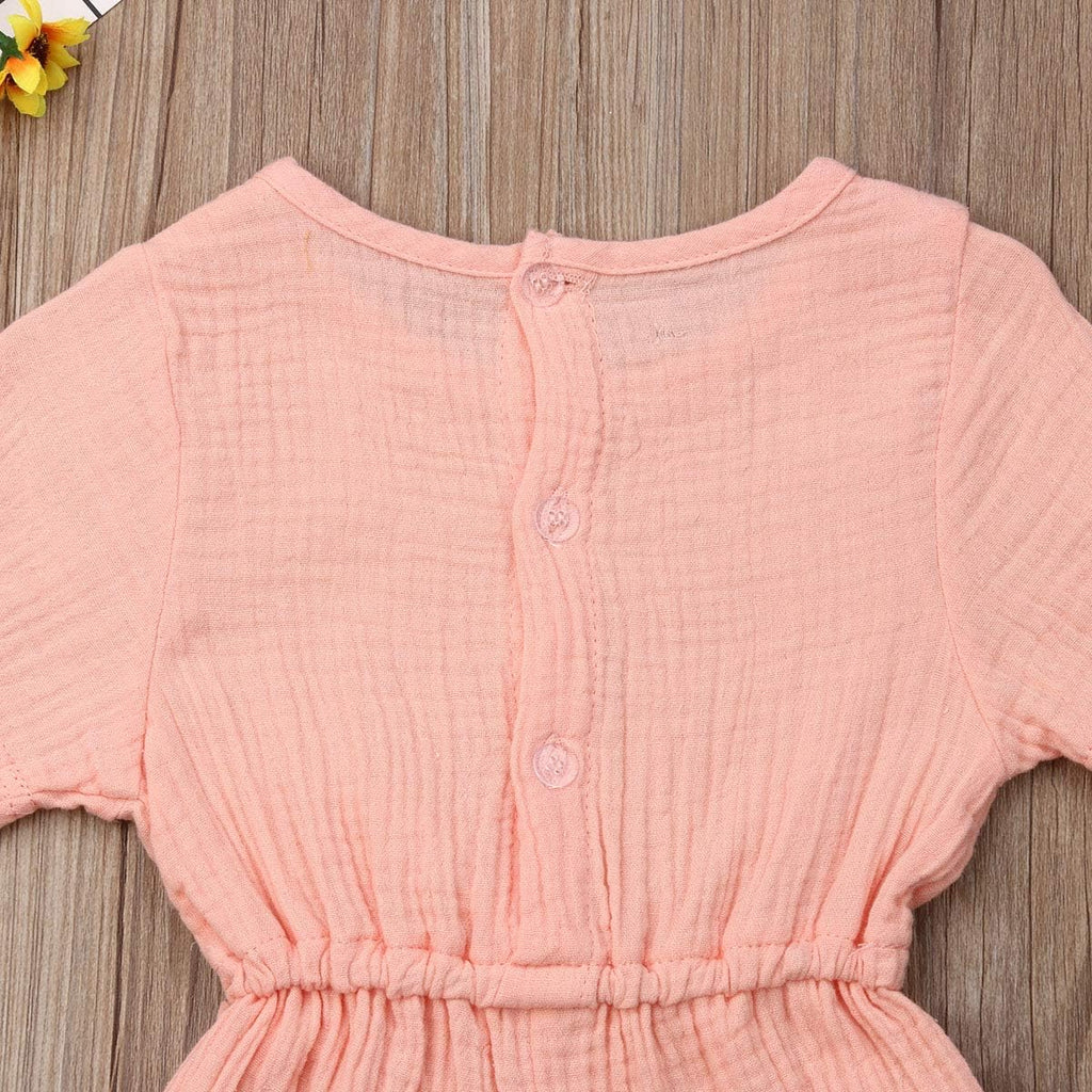 Toddler Baby Girl Summer Fall Basic Plain Short Sleeve Cotton Linen Drawstring Romper Jumpsuit