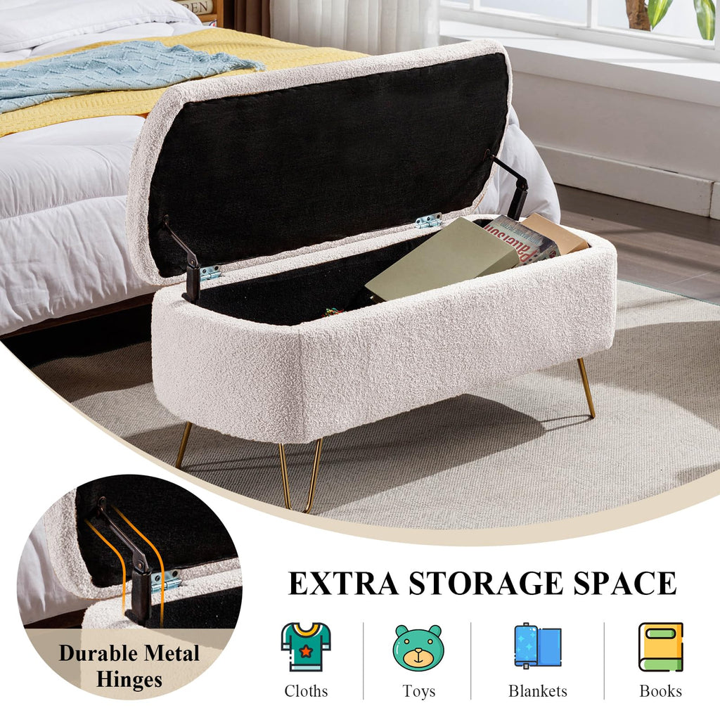 Modern Storage Ottoman Bench, Teddy Upholstered Entryway Bench with Gold Legs, Vintage End of Bed Bench with Safety