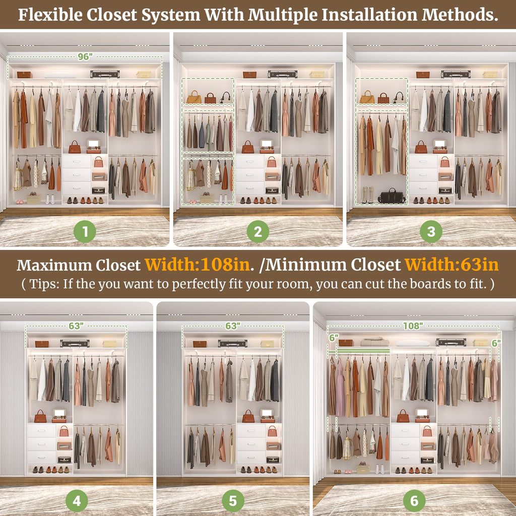 Closet System, Closet Organizer with 3 Wooden Drawers, 8FT Closet Organizer System, 96'' Walk-in Closet Wardrobe