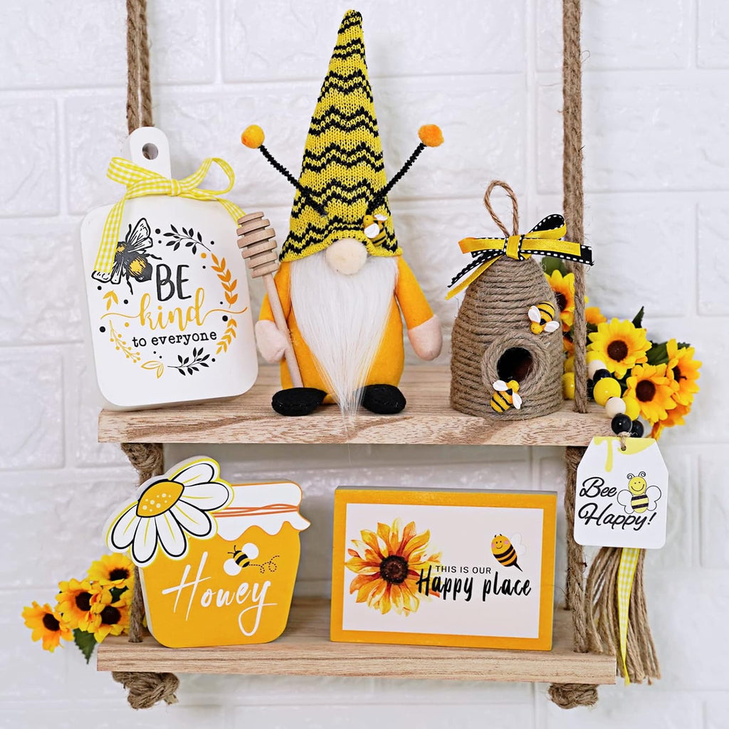 Bee Tiered Tray Decor Set, Summer Farmhouse Decor with Gnome, Bee Hive, Sunflower Wood Signs & Garland, Rustic - Set of 6