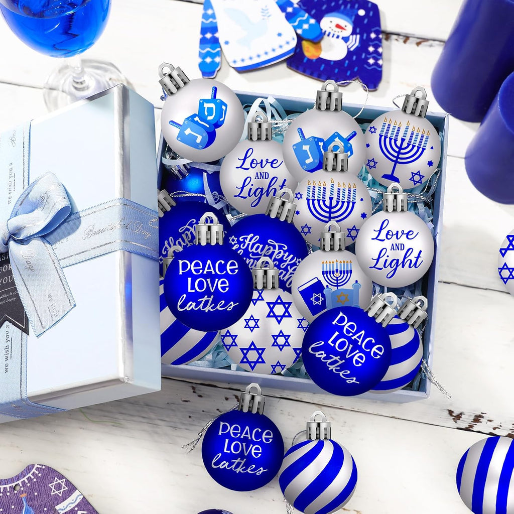 Happy Hanukkah Ornament for Tree Balls Star of David Hanging Ornaments 10 Styles Shatterproof Decorations - Set of 30