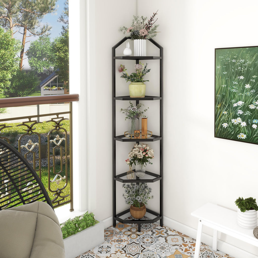5-Tier Corner Shelf Stand, Black Corner Bookshelf, Bathroom Storage Rack Shelf, Plant Rack, Tempered Glass, Steel